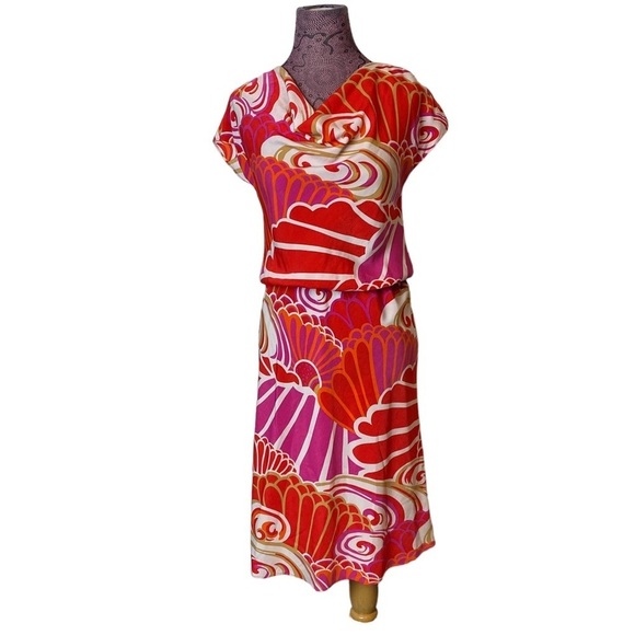 Natori Sz XS Stand Out Floral Cowl Neck Dress Orange Red - Picture 6 of 6